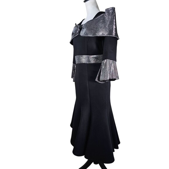 Lily‎ & Taylor Black Scuba Knit Dress Sz 6 Silver Flared Asymmetric Gatsby Party - Picture 2 of 16